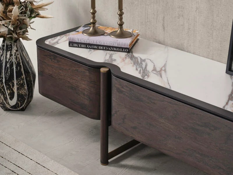 Meuble TV Dome en bois foncé avec plateau en marbre blanc