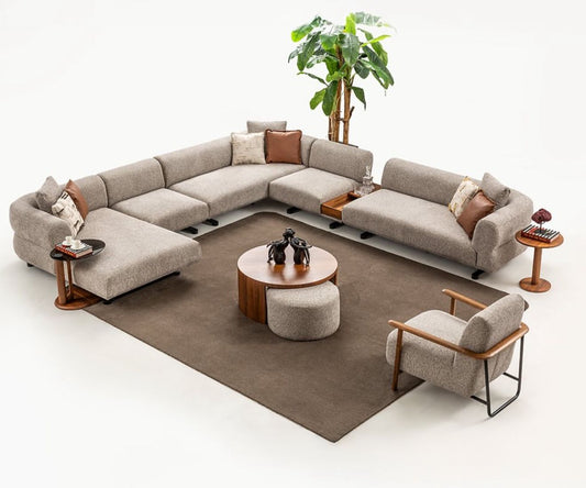 Salon Hermes Dôme avec canapé en L beige, fauteuil assorti et tables d’appoint