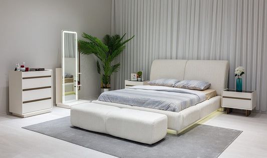 Ensemble chambre Dôme avec lit capitonné, commode blanche et miroir LED