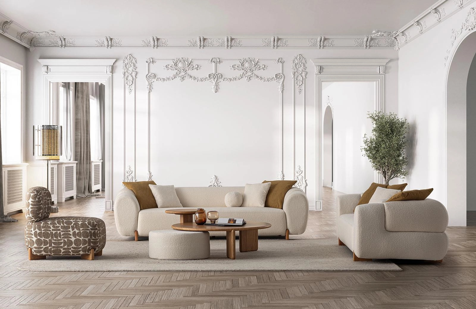 Ensemble salon Oddo Plus Dome avec canapé 3 places, fauteuil assorti et table basse design