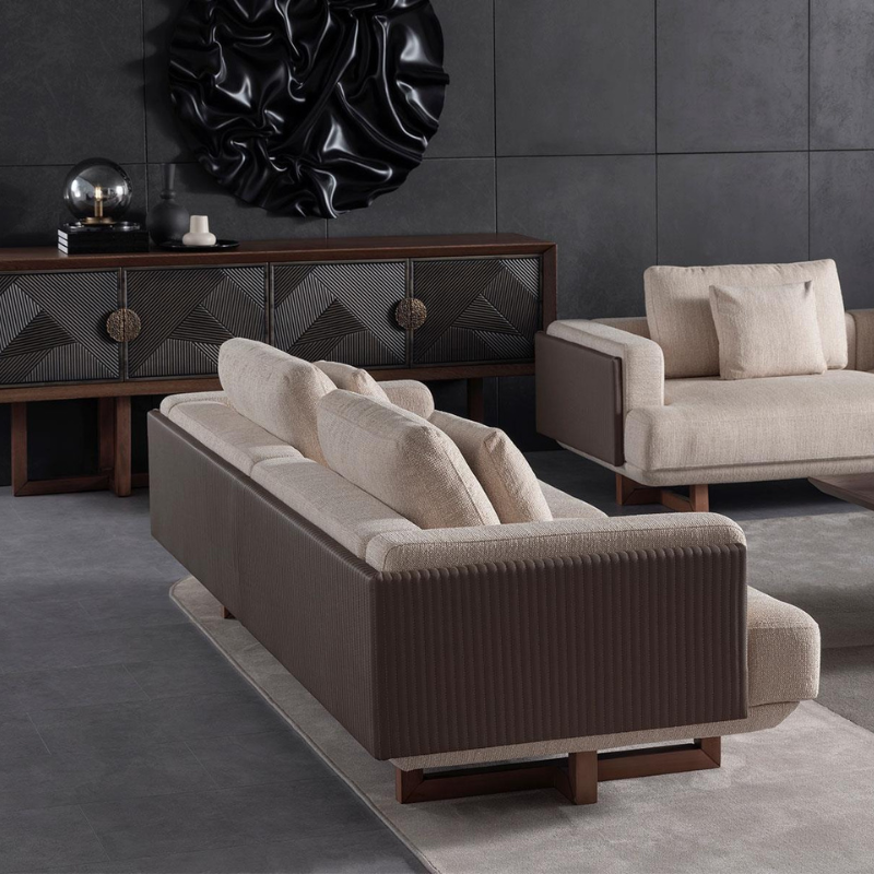 Ensemble de salon moderne avec canapé 3 places, fauteuil et table basse en bois de noyer