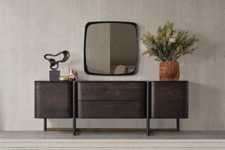 Meuble TV Dome en bois foncé avec plateau en marbre blanc