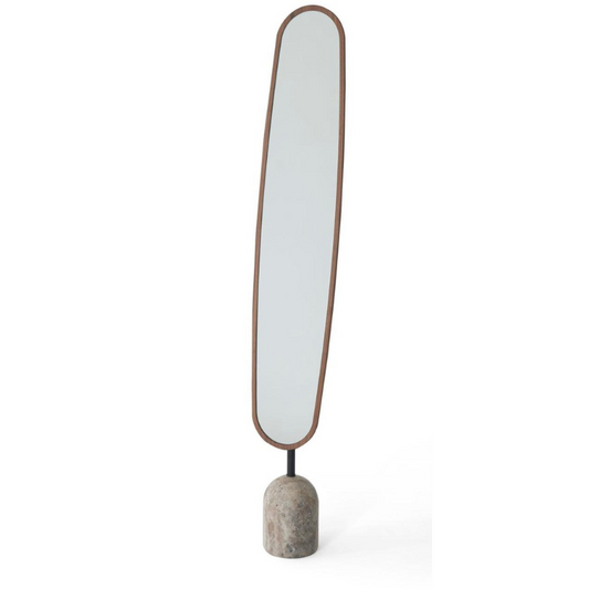 Miroir Montego moderne sur pied avec cadre ovale fin, base en pierre cylindrique et tige métallique noire.