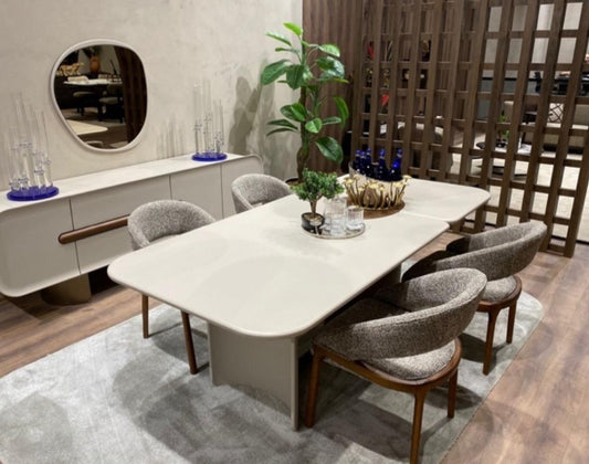 Ensemble de salle à manger moderne avec table rectangulaire et six chaises rembourrées