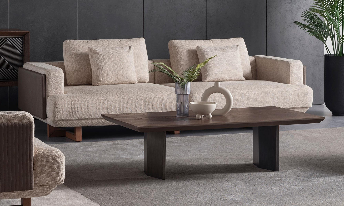 canapé 3 places, fauteuil et table basse en bois de noyer