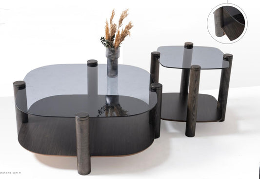 Table basse Van Gogh 974 avec plateau en verre noir et base en bois sombre, design artistique et contemporain