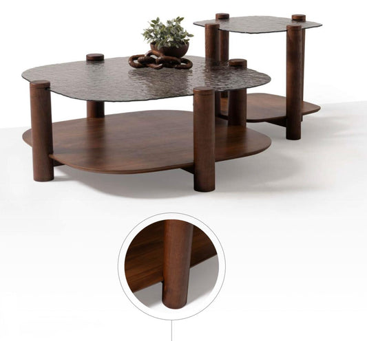 Tables gigognes 974 en bois et verre texturé, design moderne à trois niveaux, élégantes et fonctionnelles.